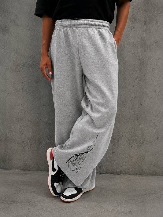 Grey Straight-Leg Baggy Printed Trousers