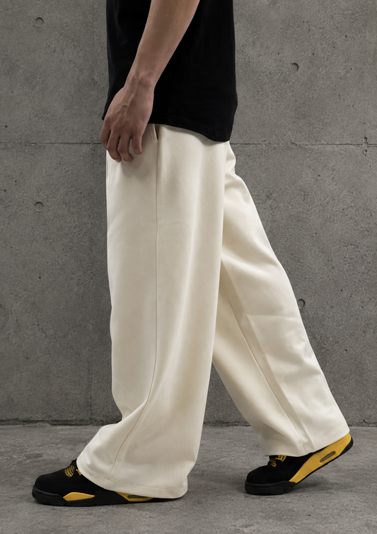 Beige Straight-Leg Baggy Pleated Trousers