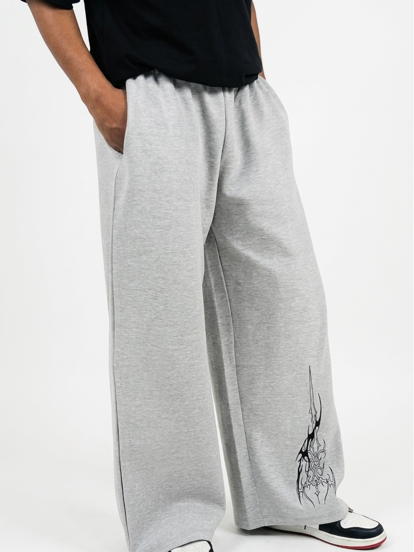 Grey Straight-Leg Baggy Printed Trousers