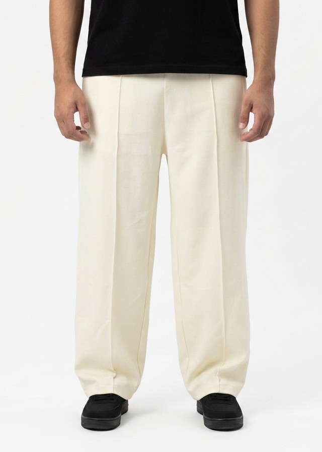 Beige Straight-Leg Baggy Pleated Trousers