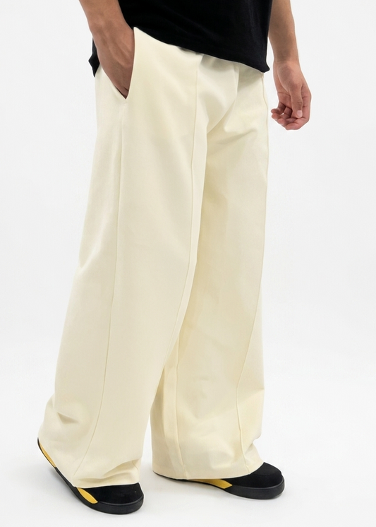 Beige Straight-Leg Baggy Pleated Trousers