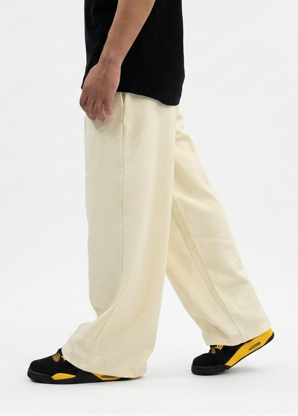 Beige Straight-Leg Baggy Pleated Trousers