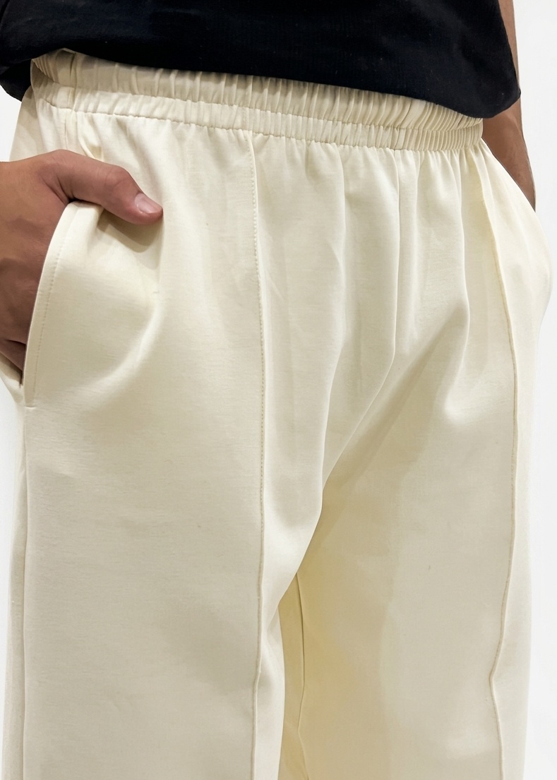 Beige Straight-Leg Baggy Pleated Trousers