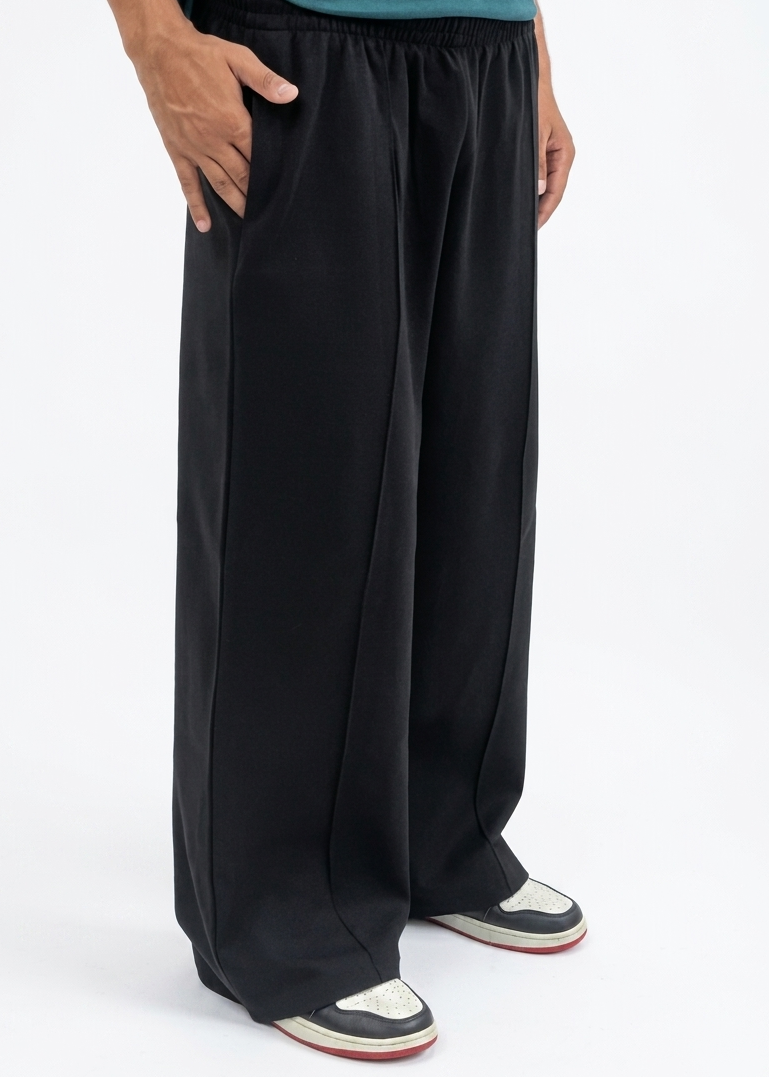 Black Straight-Leg Baggy Pleated Trousers