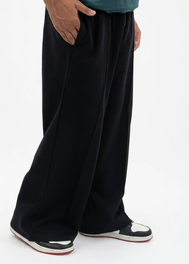 Black Straight-Leg Baggy Pleated Trousers