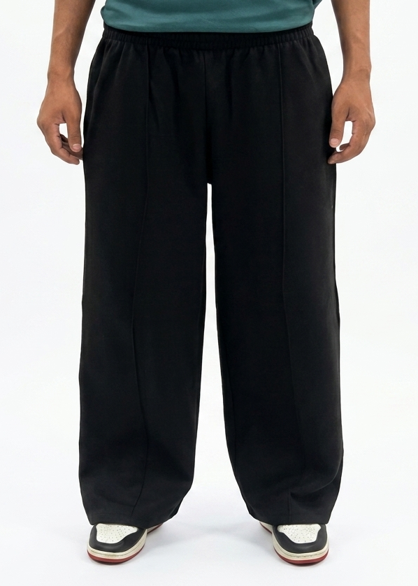 Black Straight-Leg Baggy Pleated Trousers