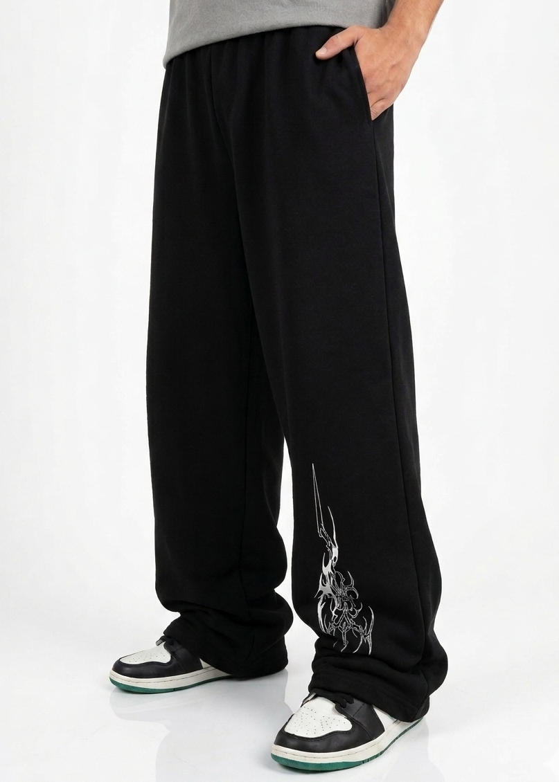Black Straight-Leg Baggy Printed Trousers