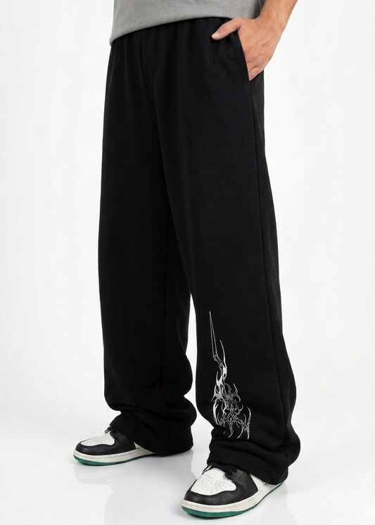 Black Straight-Leg Baggy Printed Trousers