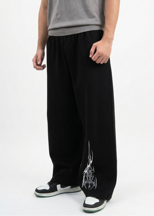 Black Straight-Leg Baggy Printed Trousers