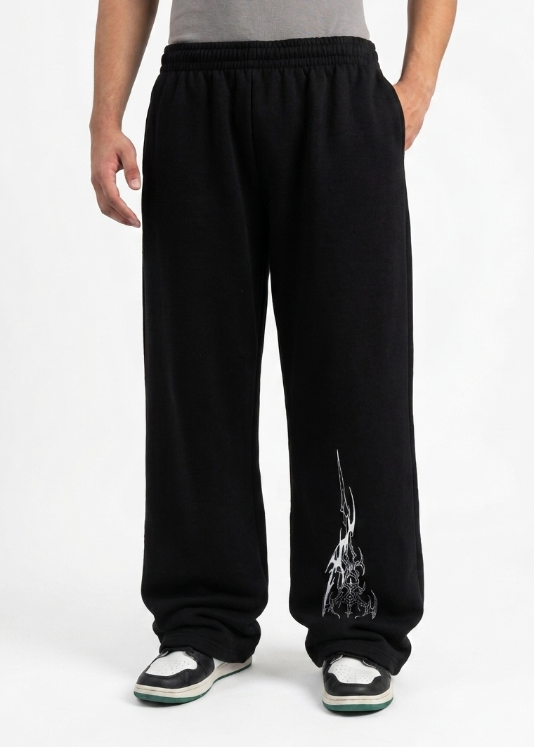 Black Straight-Leg Baggy Printed Trousers