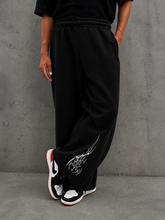 Black Straight-Leg Baggy Printed Trousers