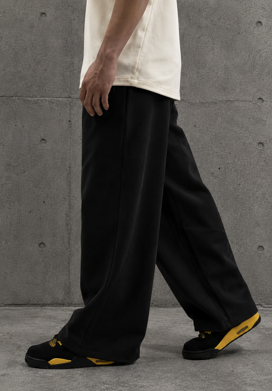 Black Straight-Leg Baggy Pleated Trousers