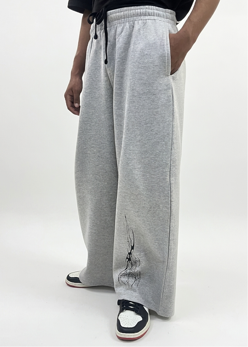 Grey Straight-Leg Baggy Printed Trousers