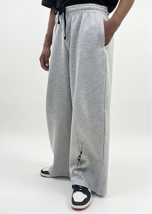 Grey Straight-Leg Baggy Printed Trousers