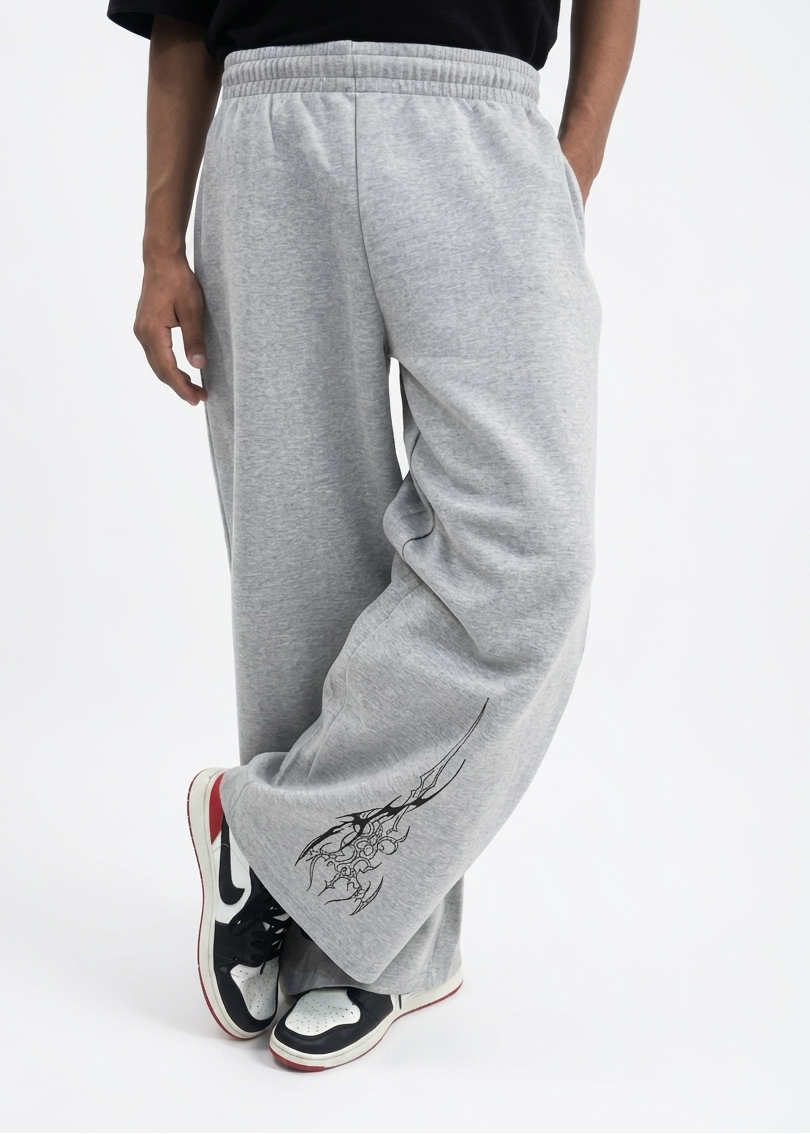 Grey Straight-Leg Baggy Printed Trousers