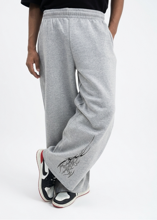 Grey Straight-Leg Baggy Printed Trousers
